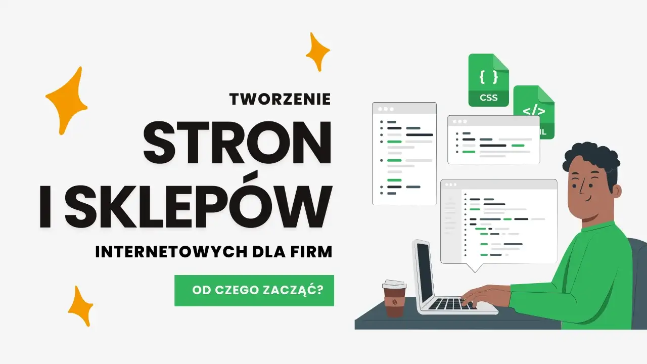 Osoba przy laptopie z kodem strony internetowej oraz ikonami HTML i CSS, z polskim tekstem o tworzeniu stron internetowych dla firm.