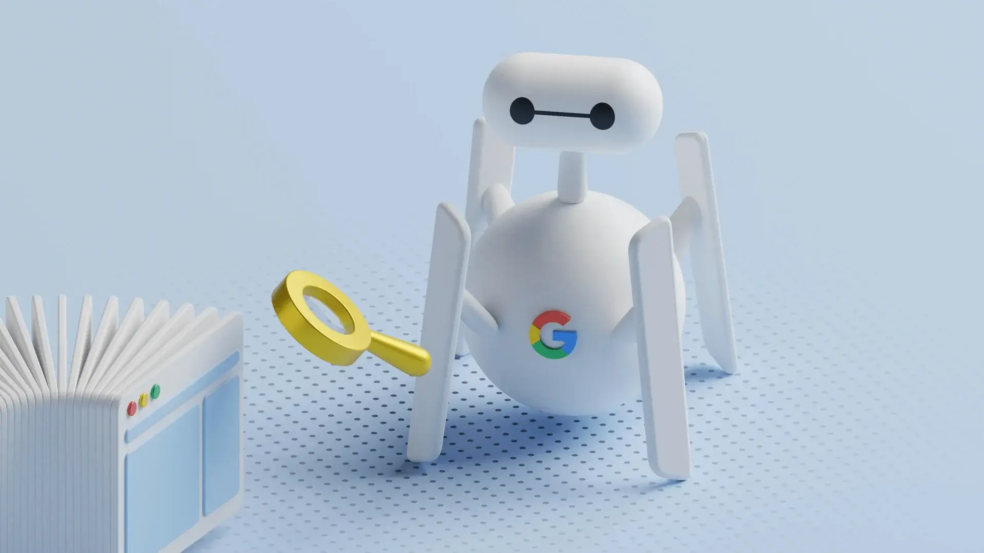 Stylizowany biały robot-spider z logo Google, trzymający lupę obok strony internetowej.
