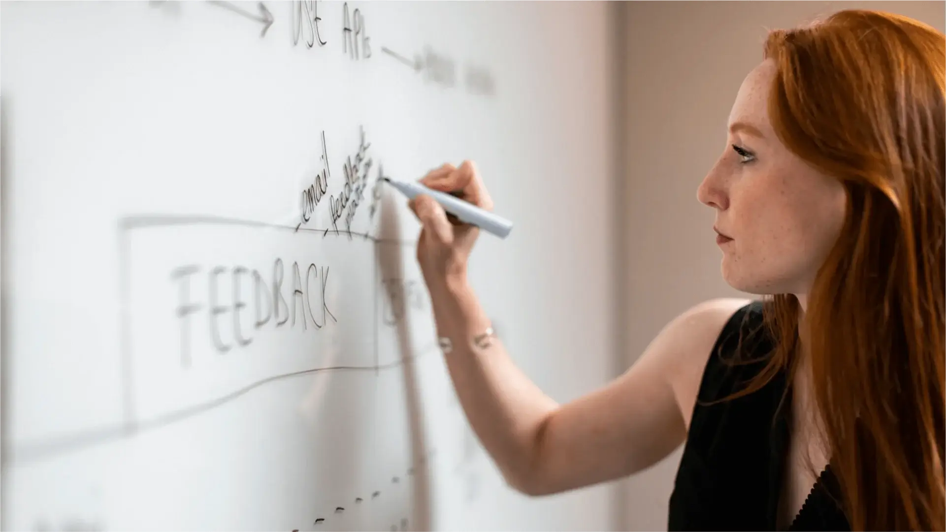 Kobieta pisząca markerem na tablicy.